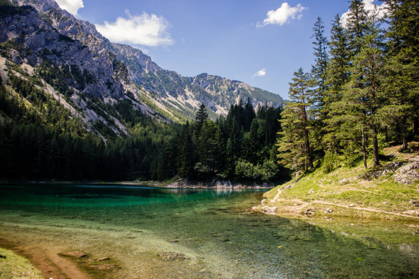 The crystal clear Grüner See or Green Lake in Austria.