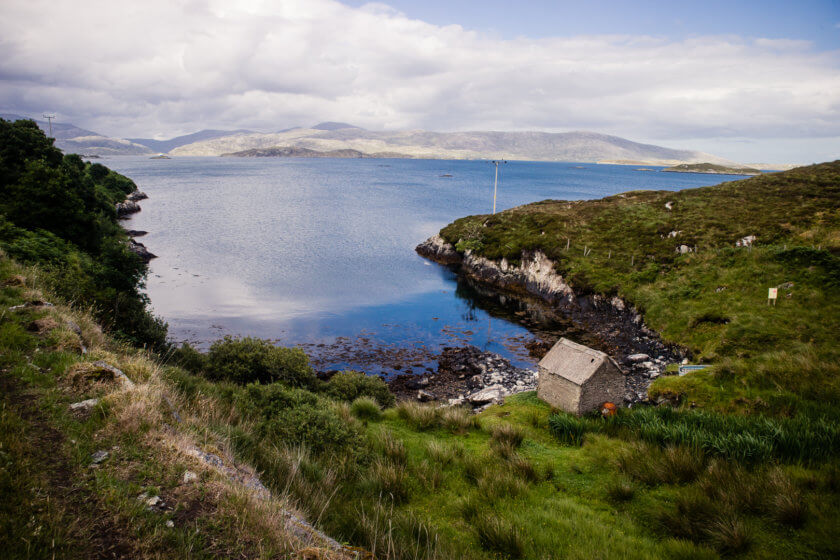 View over the ocean to the higher hills of north Harris.