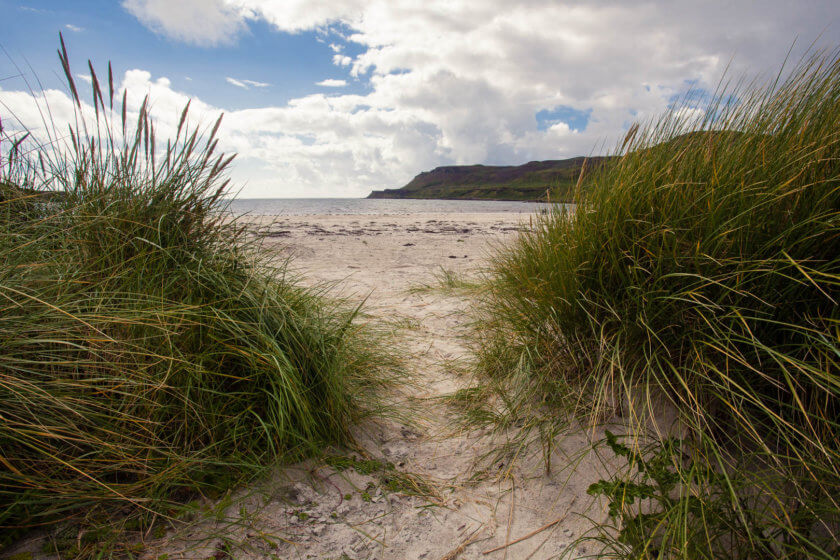 The white sand of Calgary Bay on the Isle of Mull in Scotland.